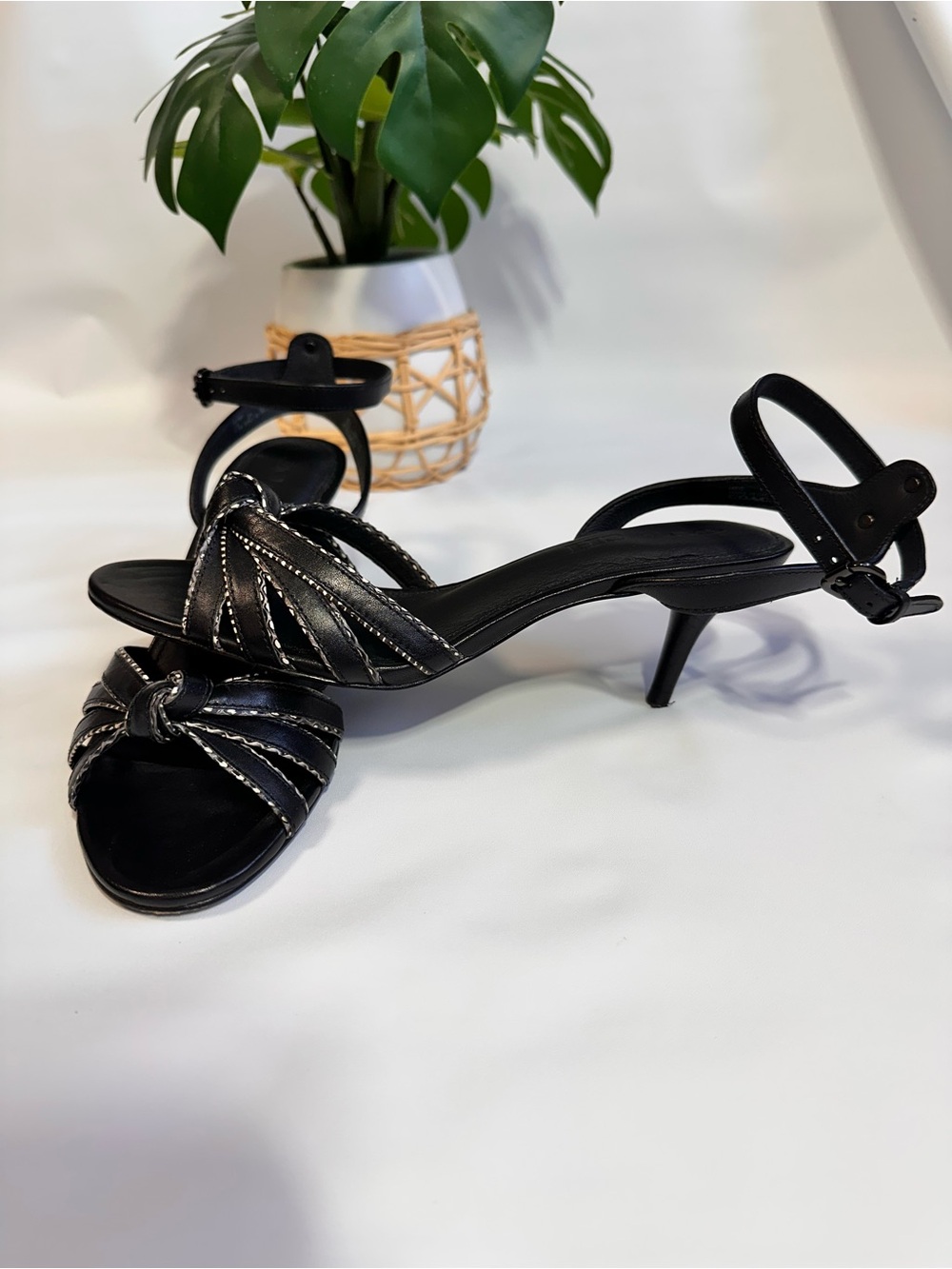 Coach Black Strappy Kitten Heel Sandals with Silver Stitching